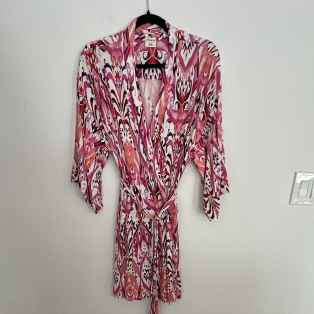 Soma Colorful Geometric Kimono Robe Tie Waist Pink Orange Purple S/M Women's